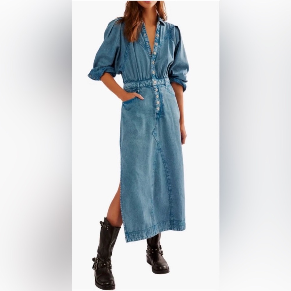 Free People Blue Long Sleeve Denim Dress